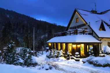 PRZYSLUP, BIESZCZADY, POLAND - HAZİRAN, 2021: Karpatya Dağları bölgesinde şiddetli kar yağışı Polonya 'da güzel kış manzaraları yarattı.