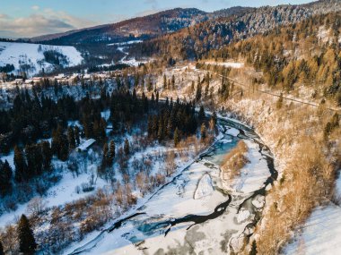 Bieszczady Dağları 'ndaki Buz Kaplamalı Donmuş San Nehri Polonya' da Kış mevsiminde Park.