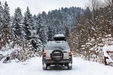 Off Road Adventure in Winter Snow, Wilderness Ormanı 'nı kapladı. 4x4 Buzlu Yol Sürüşü.
