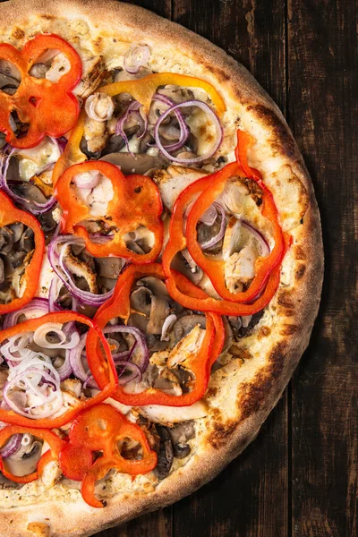 Tasty Pizza Wooden Boards Top Overhead View Menu Brochure Layout — 图库照片
