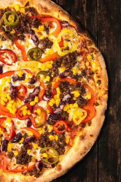 Lekkere Pizza Houten Planken Bovenaanzicht Menu Brochure Lay Out Ontwerp — Stockfoto