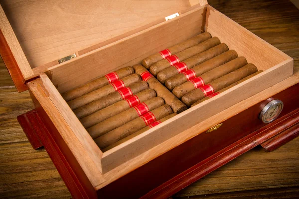 Puros Cubanos Humidor Sobre Mesa Madera Rústica — Foto de Stock