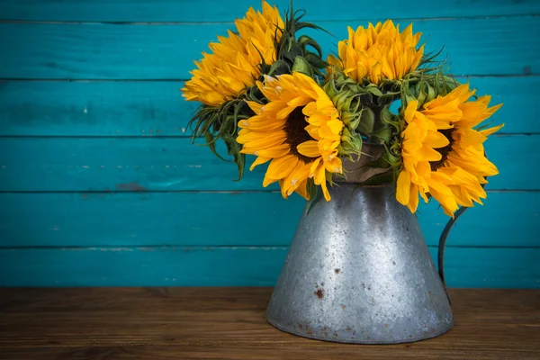 Sunflower in metal vase — Stock Photo, Image