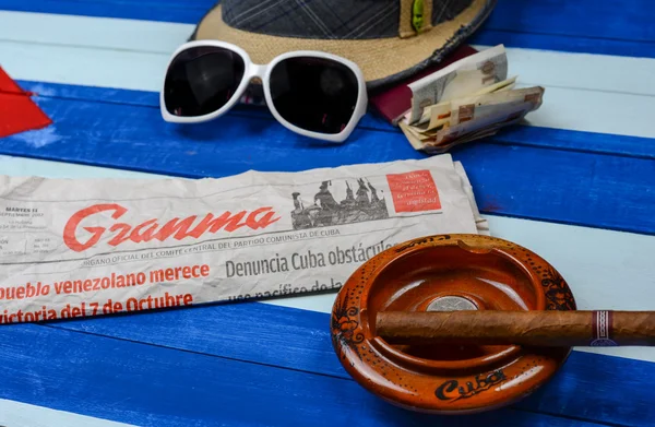 Cuban Communism Newspaper Cigars Flag Background — Stock Photo, Image