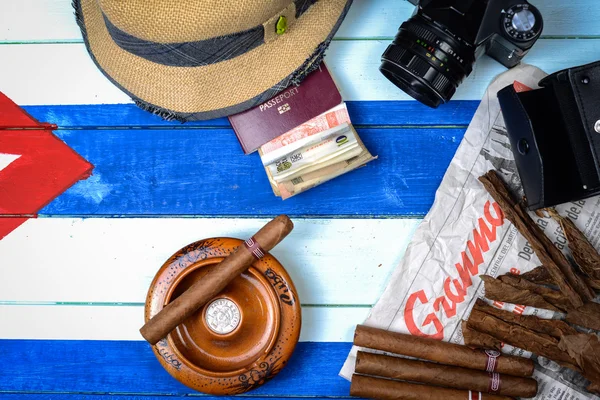 Cigars Communism Newspaper Retro Camera Cuban Background — Stock Photo, Image