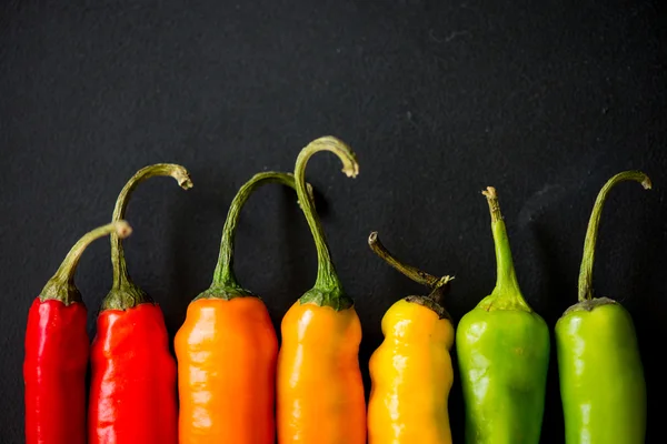 Vibrant colors on peppers on black slate bacground — Stock Photo, Image