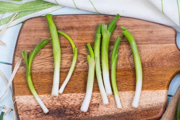 Farm fresh spring onion on cutting board — Stock Photo, Image