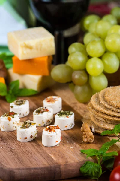 Selection Party Cheese Snacks Herbs Board — Stock Photo, Image