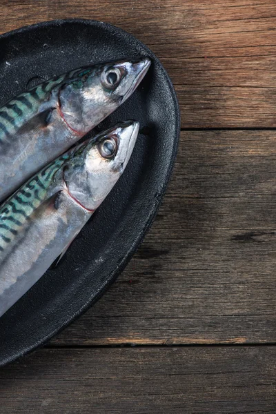 Pescado fresco de mar entero en sartén rústica de hierro, concepto de cocina — Foto de Stock