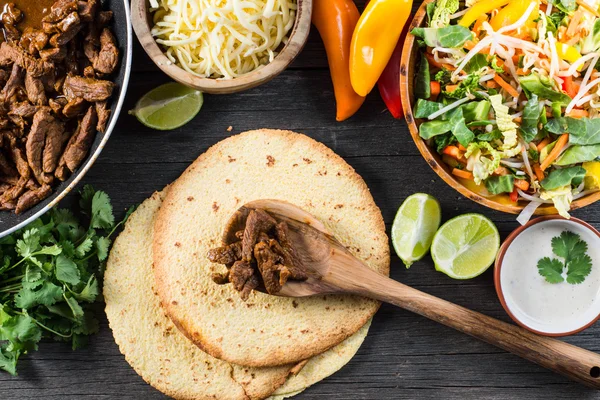 Preparation authentic mexican tacos, top view — Stock Photo, Image
