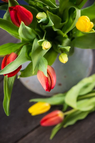 FResh primavera monte de tulipas em vaso enferrujado vintage — Fotografia de Stock