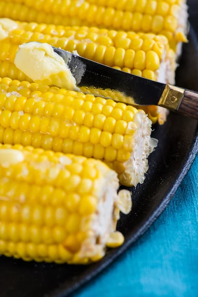 Hot golden corn cob with butter and salt — Stock Photo, Image