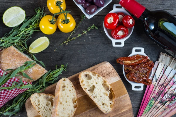 Authentic spanish tapas selection on wooden table from above — Stock Photo, Image