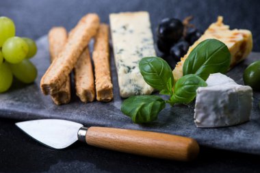 Tapas peynir seçimi zeytin, üzüm ve otlar ile stil