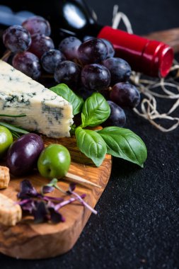 Gıda arka plan, rustik kurulu otlar peynir ve şarap ile