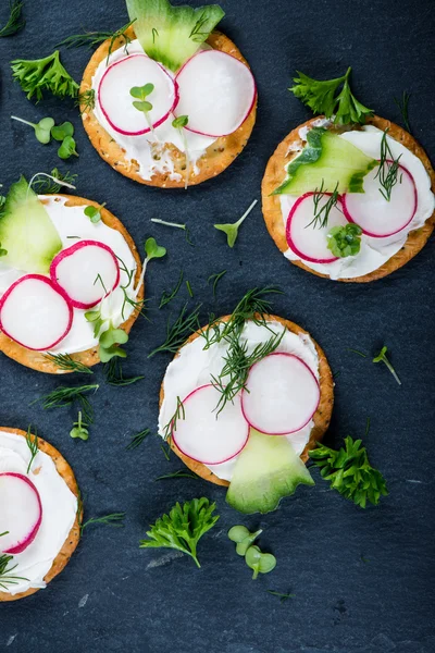 Crackers with cottage cheese, radish, cucumber decorated with cr — Stock Photo, Image