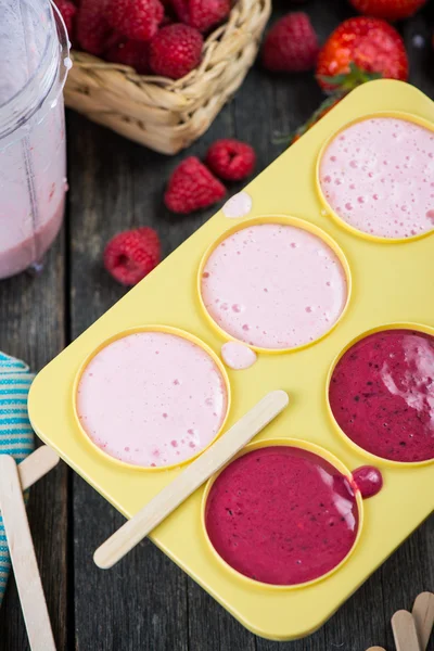 Filling ice cream moulds with homemade juice — Stock Photo, Image