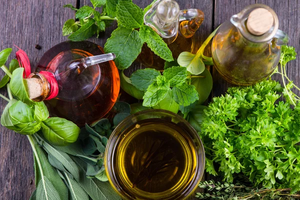 Fresh herbs from garden with olive oil — Stock Photo, Image