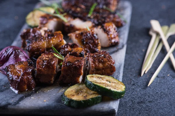 Grilled Pork Belly Slices Marble Board Skewers — Stock Photo, Image