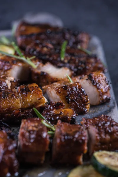 Close View Grilled Crispy Pork Belly Sticky Glaze Marble Board — Stock Photo, Image