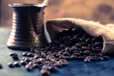 vintage photo of  Roasted coffee beans, food background