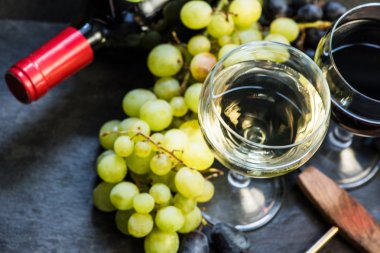 white and red wines in glasses, overhead