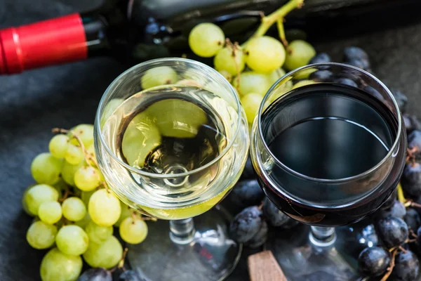 white and red wines in glasses, overhead