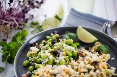 Edamame soya fasulyesi, quinoa ve Kamut sağIıklı vejetaryen salatası