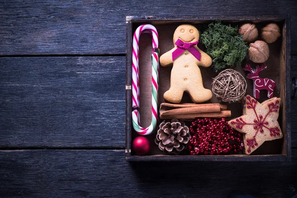 Wooden box with vintage Christmas decoration — Stock Photo, Image