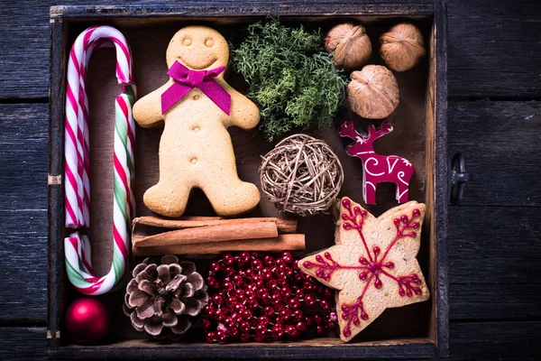 Wooden box with vintage Christmas decoration — Stock Photo, Image