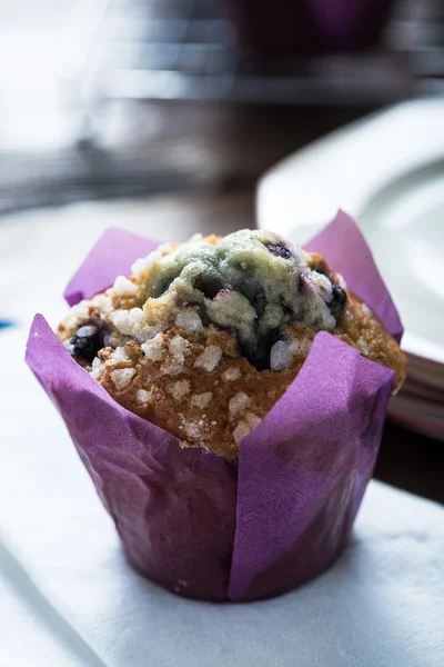 Muffins de mirtilo frescos servidos em mesa de madeira — Fotografia de Stock