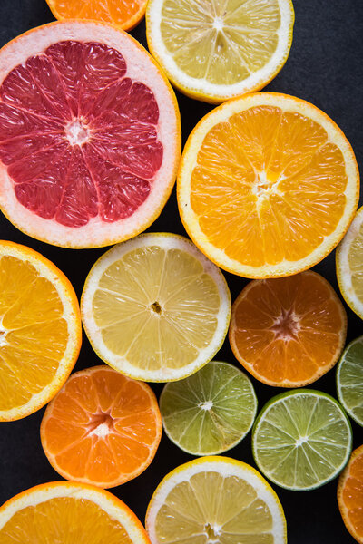 Fresh citrus fruits, border background