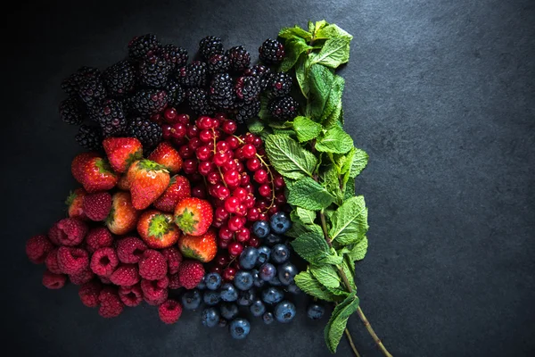 Група свіжих літніх ягід фруктів з м'ятою — стокове фото