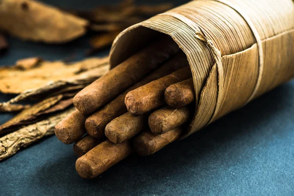 Charutos cubanos na tradicional caixa de folhas de palma — Fotografia de Stock