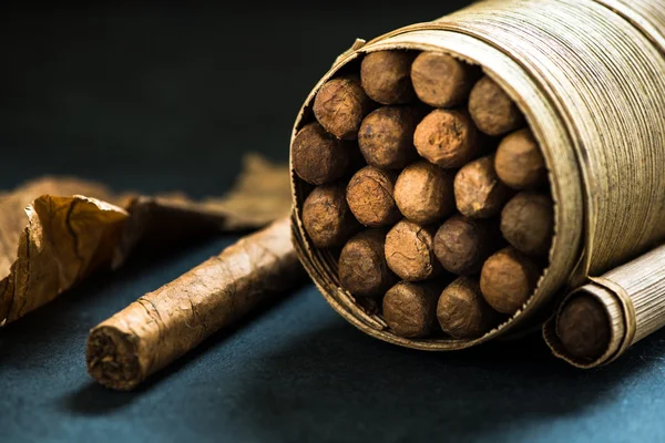 Pile of cigars in pal leafs crafted box — Stock Photo, Image