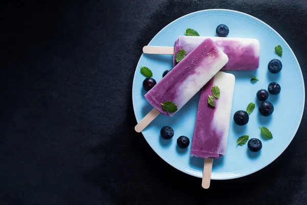 Jogurt i borówki popsicle na talerzu — Zdjęcie stockowe