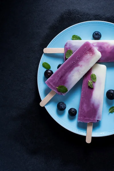 Jogurt i borówki popsicle na talerzu — Zdjęcie stockowe