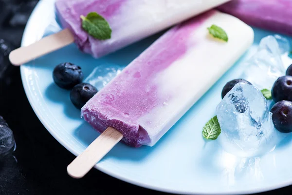 Joghurt és áfonya popsicle lemez — Stock Fotó