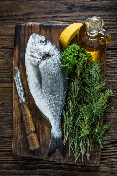 Fresh sea fish and herbs — Stock Photo, Image