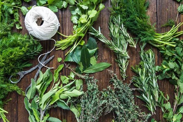 Muchas hierbas frescas del jardín de arriba en la mesa — Foto de Stock