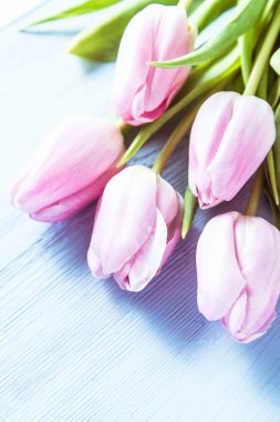 Ahşap tahta üzerinde pastel pembe laleler