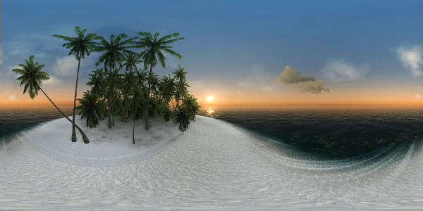 Панорама 360, море, тропический остров, пальмы, солнце — стоковое фото