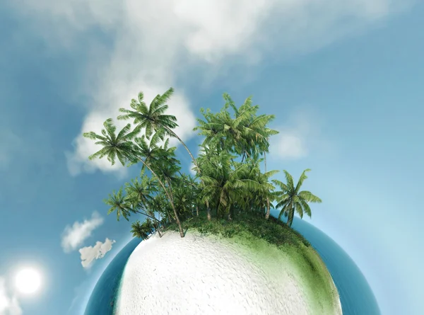 Petite planète, océan, île tropicale, palmiers illustration 3D — Photo