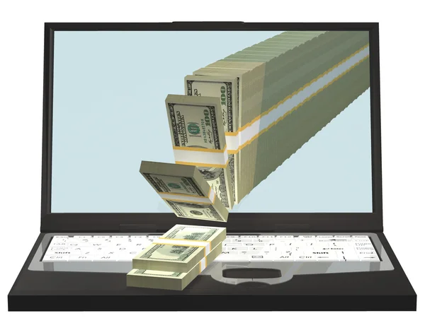 Geld, das aus einem Notebook-Computer strömt. 3D-Illustration — Stockfoto