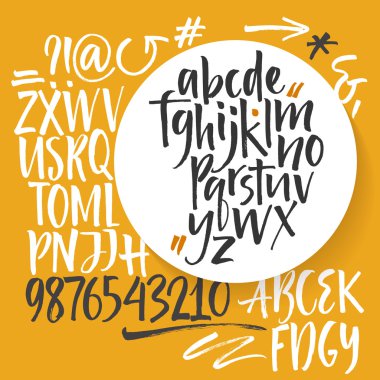 Alfabe harfler: küçük, büyük harf ve sayı. Vektör alfabe. Elle çizilmiş harfler. Bir boya fırçası ile yazılı alfabenin harfleri