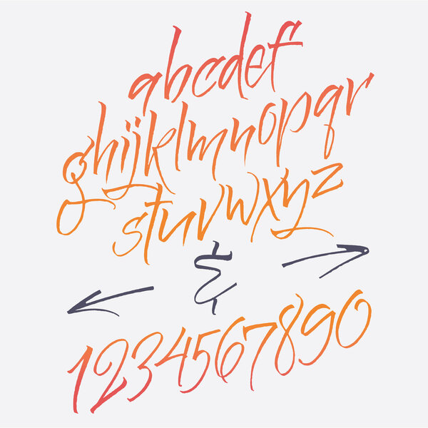 Алфавитные буквы: строчные, прописные, цифры. Векторный алфавит. Ручные буквы. Письма алфавита, написанные мягкой акварельной кистью
