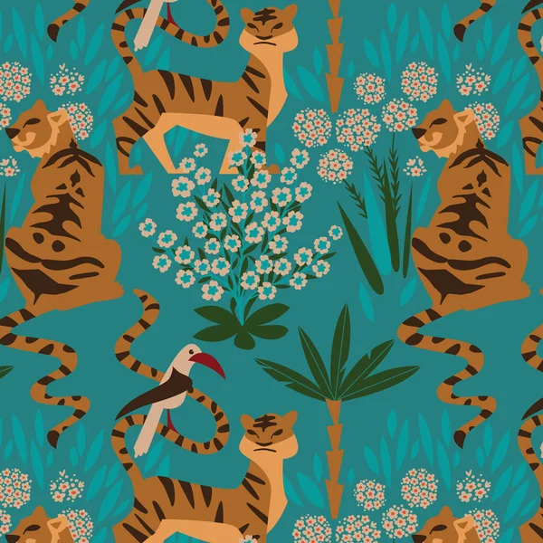 Бесшовный рисунок с индийскими тиграми в цветущем лесу — стоковый вектор