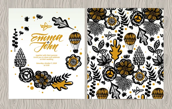 Card de invitație vectorială cu flori, plante, aeronave și balon. Toamna fundal floral, felicitări. Șablon de carte pe textura lemnului. Invitație de nuntă, salvați data . Ilustrație de stoc