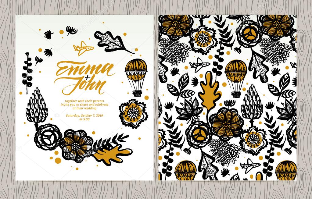 Vector invitation card with flowers, plants, aircraft and balloon. Autumn floral background, greeting card. Card template on wood texture. Wedding invitation, save the date.