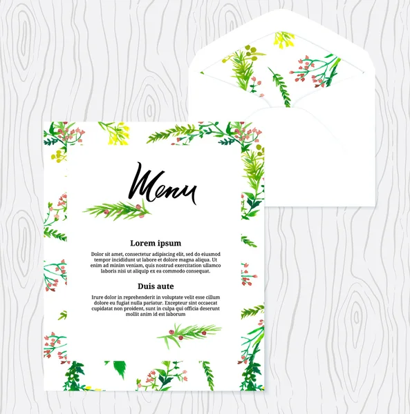 Cartão de menu e envelope com flores — Vetor de Stock